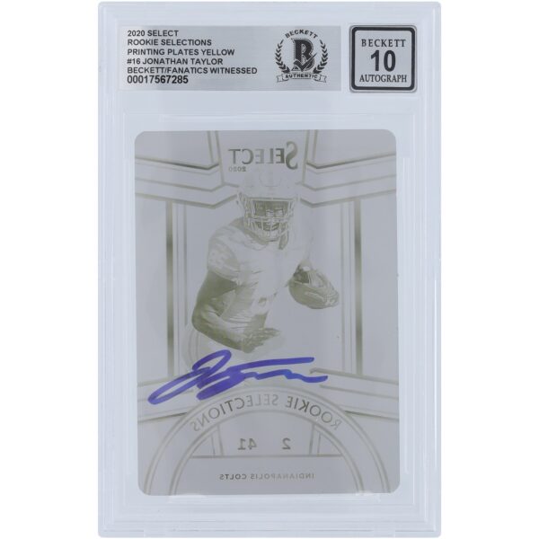 Jonathan Taylor Indianapolis Colts Autographed 2020 Panini Select Yellow Printing Plate #16 #1/1 Beckett Fanatics Witnessed Authenticated 10 Rookie Card