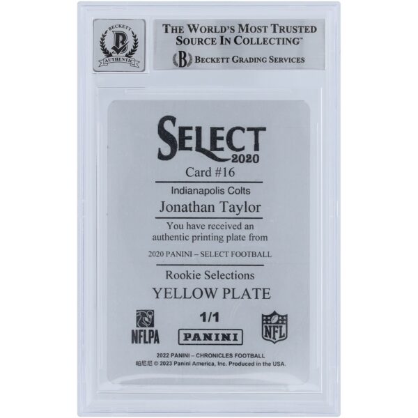 Jonathan Taylor Indianapolis Colts Autographed 2020 Panini Select Yellow Printing Plate #16 #1/1 Beckett Fanatics Witnessed Authenticated 10 Rookie Card - Image 2