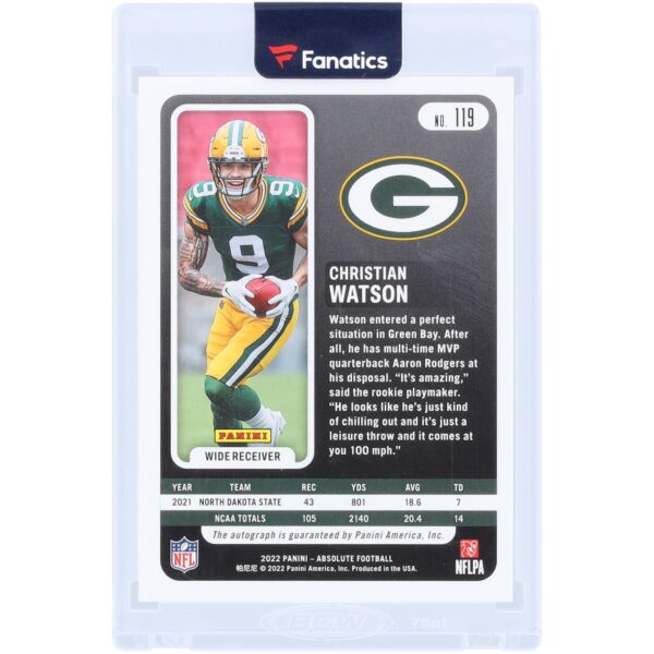 Christian Watson Green Bay Packers Autographed 2022 Panini Absolute Gold Spectrum Autograph #119 #/10 Rookie Card - Image 2