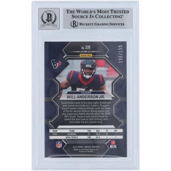 Will Anderson Jr. Houston Texans Autographed 2023 Panini Mosaic Mosaic Orange #376 #/199 Beckett Fanatics Witnessed Authenticated 9/10 Rookie Card - Image 2
