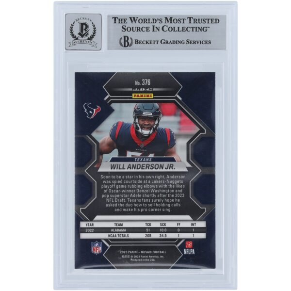 Will Anderson Jr. Houston Texans Autographed 2023 Panini Mosaic Mosaic #376 Beckett Fanatics Witnessed Authenticated 9/10 Rookie Card - Image 2