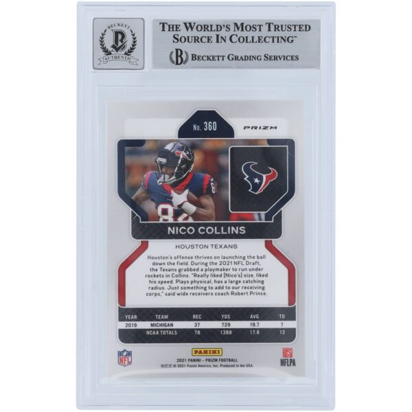 Nico Collins Houston Texans Autographed 2021 Panini Prizm Green Prizm #360 Beckett Fanatics Witnessed Authenticated 9/10 Rookie Card - Image 2