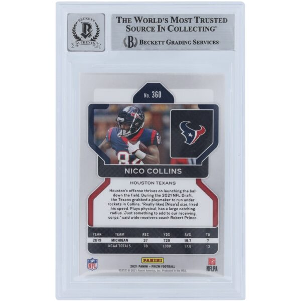 Nico Collins Houston Texans Autographed 2021 Panini Prizm #360 Beckett Fanatics Witnessed Authenticated 9/10 Rookie Card - Image 2