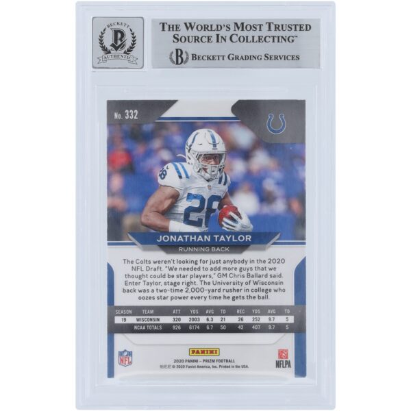 Jonathan Taylor Indianapolis Colts Autographed 2020 Panini Prizm #332 Beckett Fanatics Witnessed Authenticated 9/10 Rookie Card - Image 2