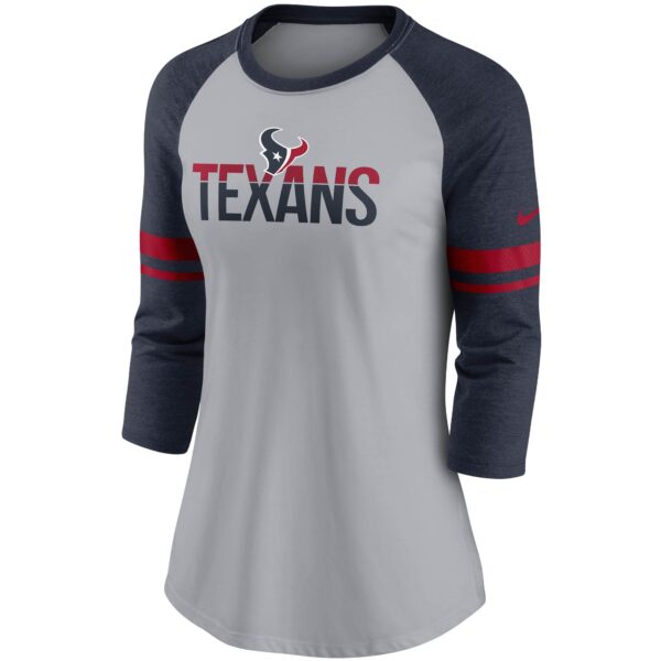Women's Nike Heathered Gray/Navy Houston Texans Stripe Mesh Nickname Tri-Blend 3/4-Sleeve T-Shirt - Image 2