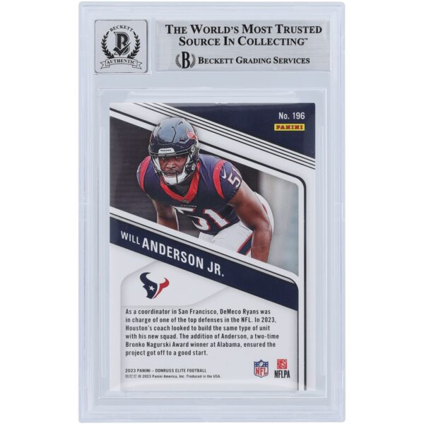 Will Anderson Jr. Houston Texans Autographed 2023 Panini Donruss Elite #196 #/999 Beckett Fanatics Witnessed Authenticated 10 Rookie Card - Image 2