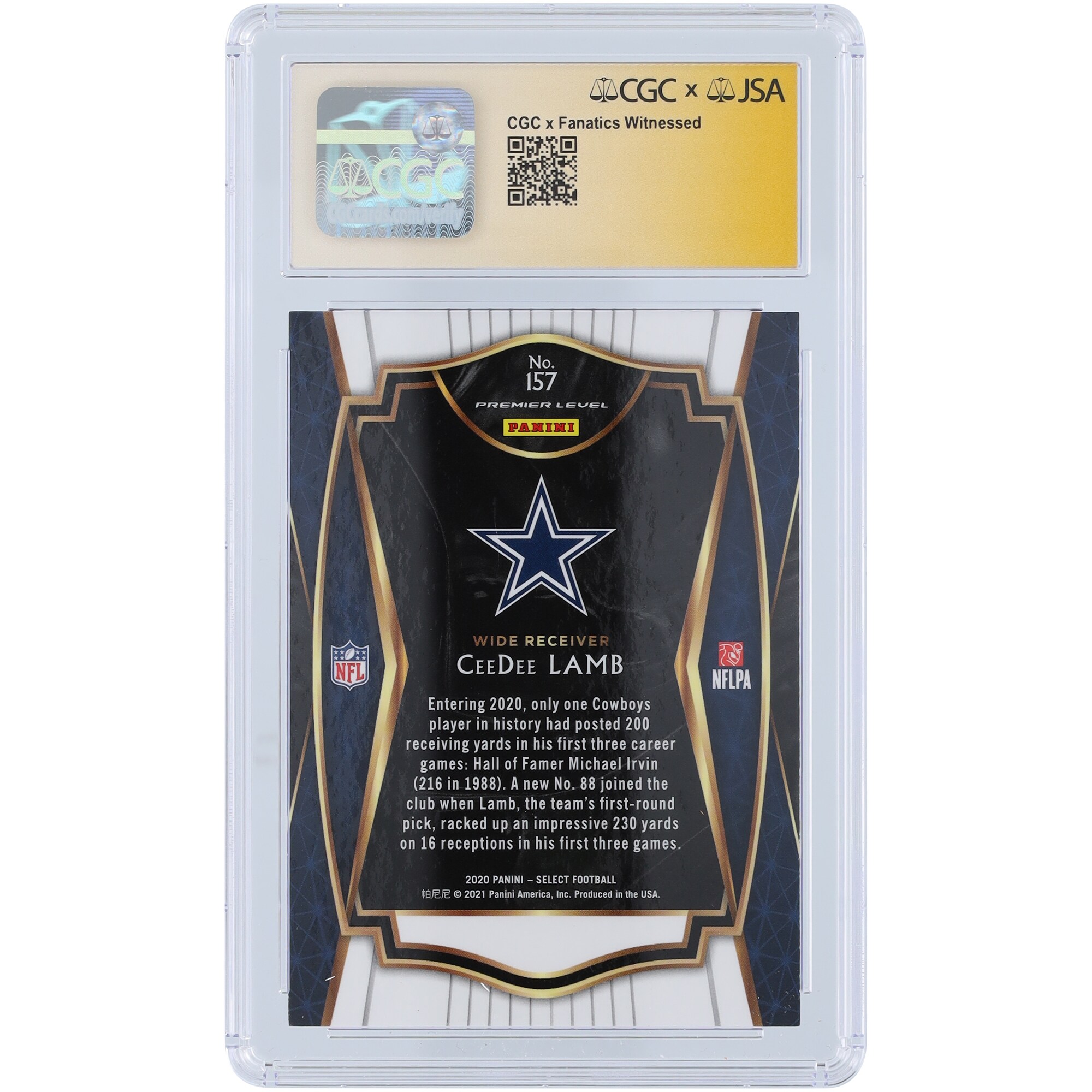 CeeDee Lamb Dallas Cowboys Autographed 2020 Panini Select #157 CGC Fanatics Witnessed Authenticated Rookie Card - Image 2