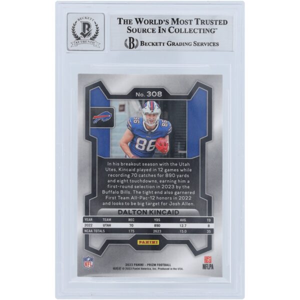 Dalton Kincaid Buffalo Bills Autographed 2023 Panini Prizm #308 Beckett Fanatics Witnessed Authenticated 10 Rookie Card - Image 2