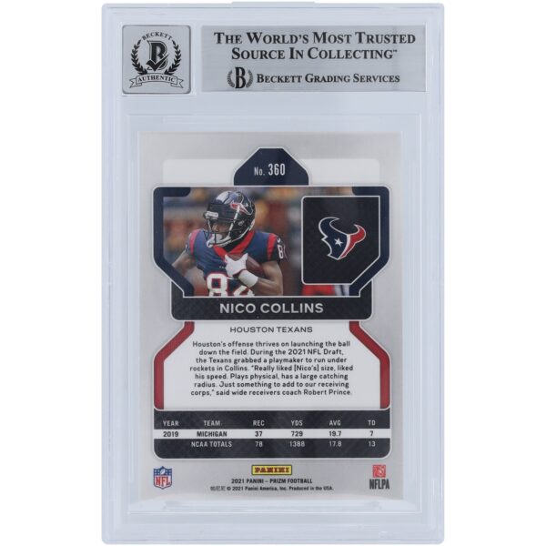 Nico Collins Houston Texans Autographed 2021 Panini Prizm #360 Beckett Fanatics Witnessed Authenticated 10 Rookie Card - Image 2