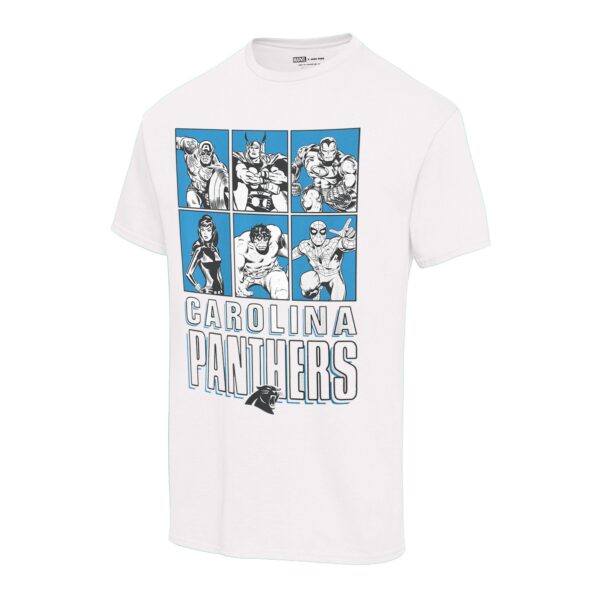 Unisex Junk Food White Carolina Panthers Disney Marvel Avengers Line-Up T-Shirt - Image 2