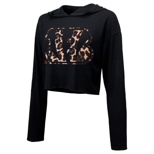 Women's Majestic Threads Joe Burrow Black Cincinnati Bengals Leopard Player Name & Number Long Sleeve Cropped Hoodie - Image 2
